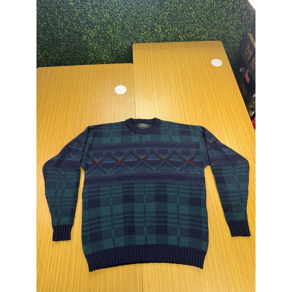 VINTAGE Reed St James Loafers Sweater Mens M Green Blue Tartan Plaid Geometric